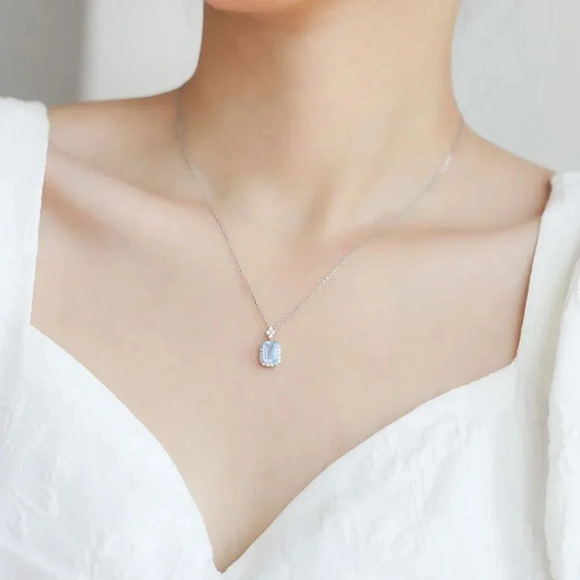 925 Sterling Silver Dainty Aquamarine Diamond Necklace Minimalist Blue Necklace - Picture 6 of 6